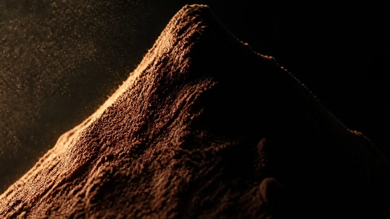 Cima di cacao in polvere illuminata da luce radente, immagine del primo posto per magnesio e ferro.