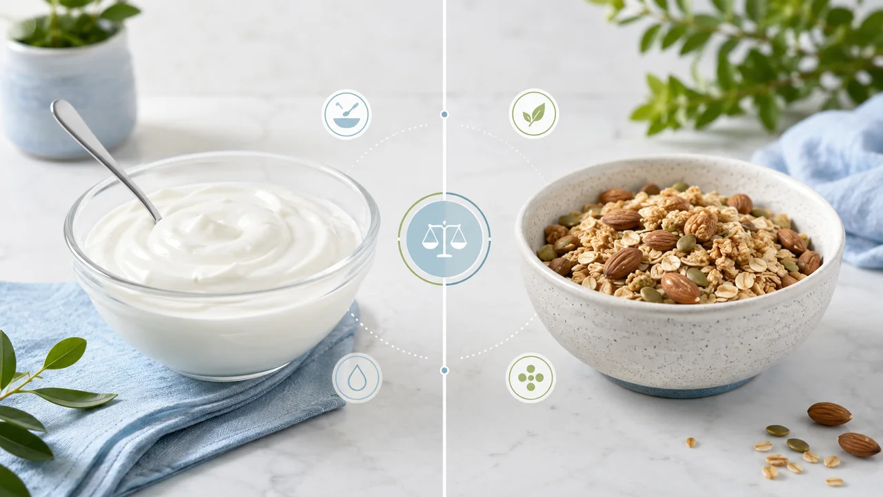 Eine Schale Naturjoghurt und eine Schale Müesli mit Mandeln, nebeneinander beidseits einer senkrechten Linie, auf hellem Marmor