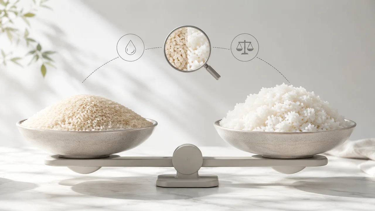 Deux bols posés sur une balance, l’un de riz cru en grains, l’autre de riz cuit, avec une loupe qui compare les deux textures