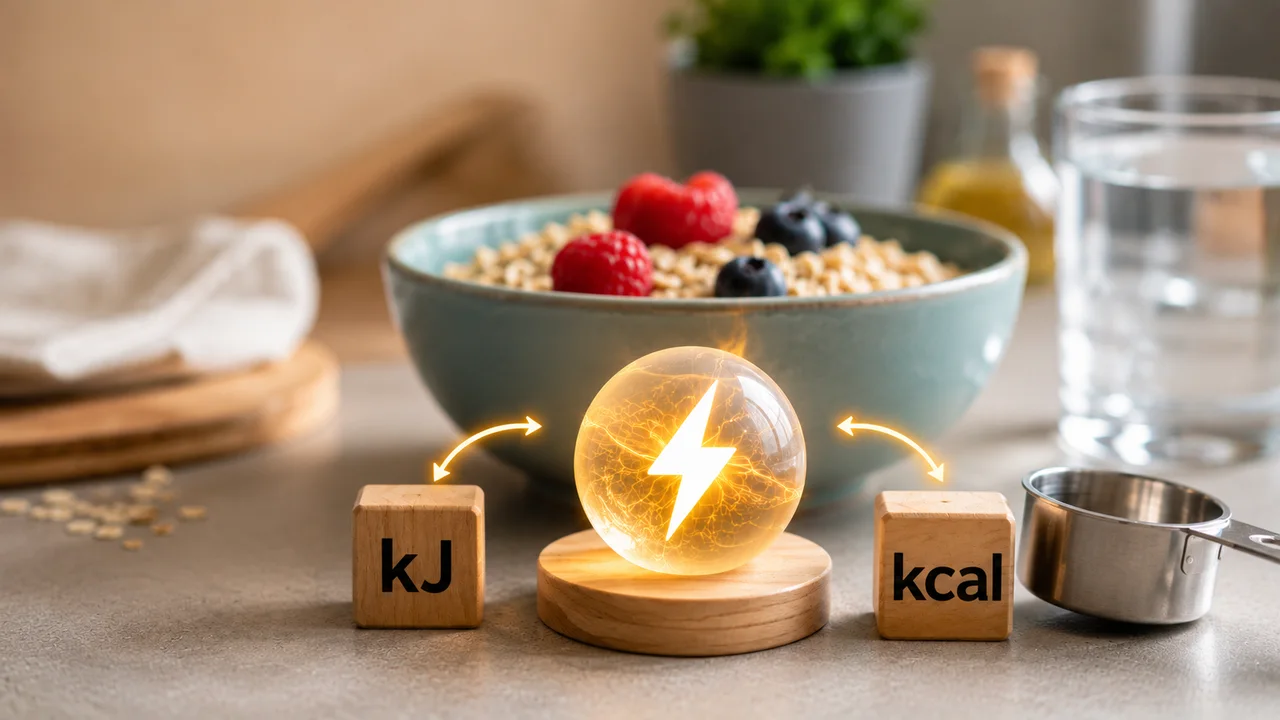 Una sfera luminosa con un fulmine, affiancata da due cubi di legno con le unità kJ e kcal, davanti a una ciotola di cereali