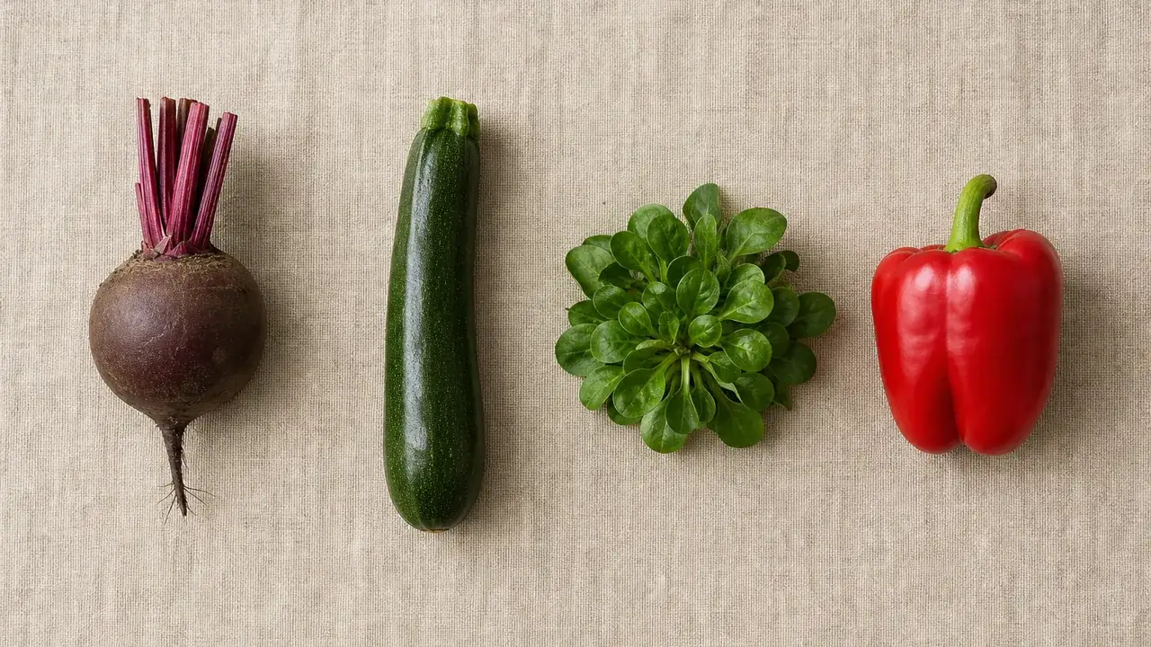 Barbabietola, zucchina, formentino e peperone allineati su lino, quattro verdure dai nomi svizzeri.