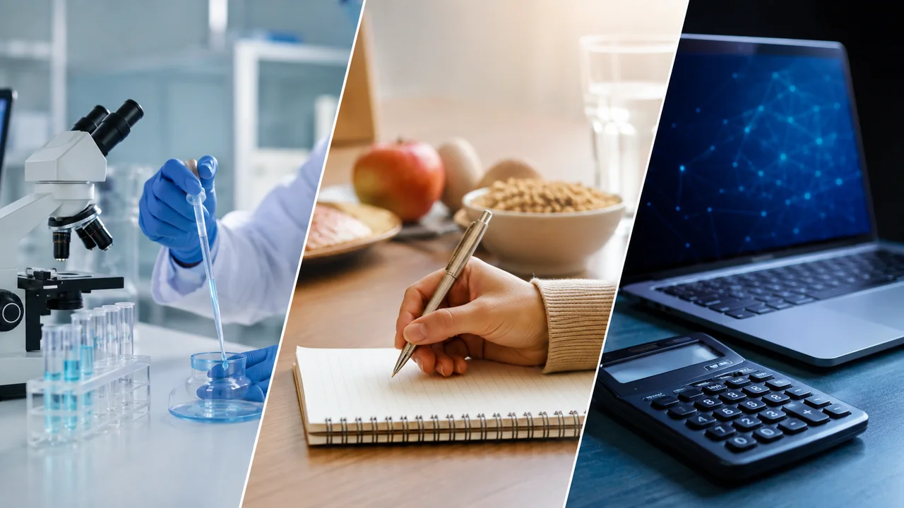 Triptych: a microscope and test tubes in a laboratory, a hand writing notes, then a calculator in front of a laptop
