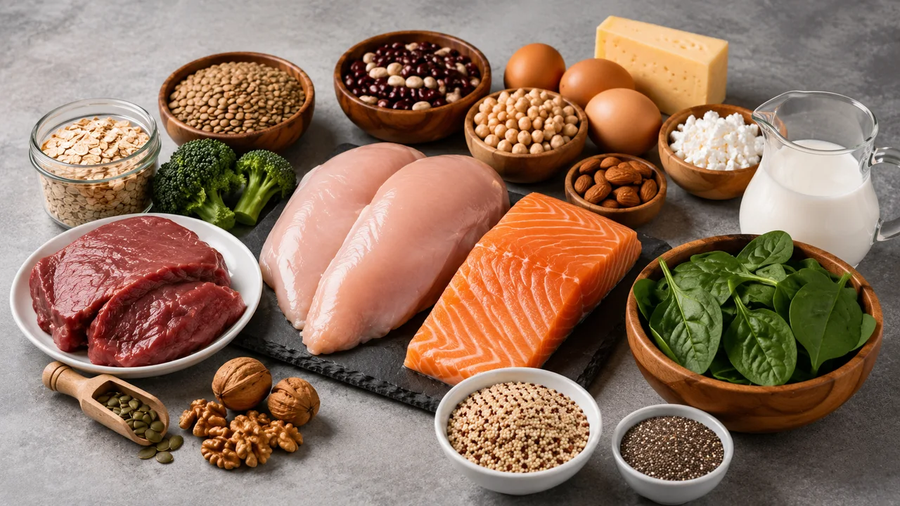 A spread of red meat, chicken breast, salmon, eggs, cheese, lentils, chickpeas, milk and spinach