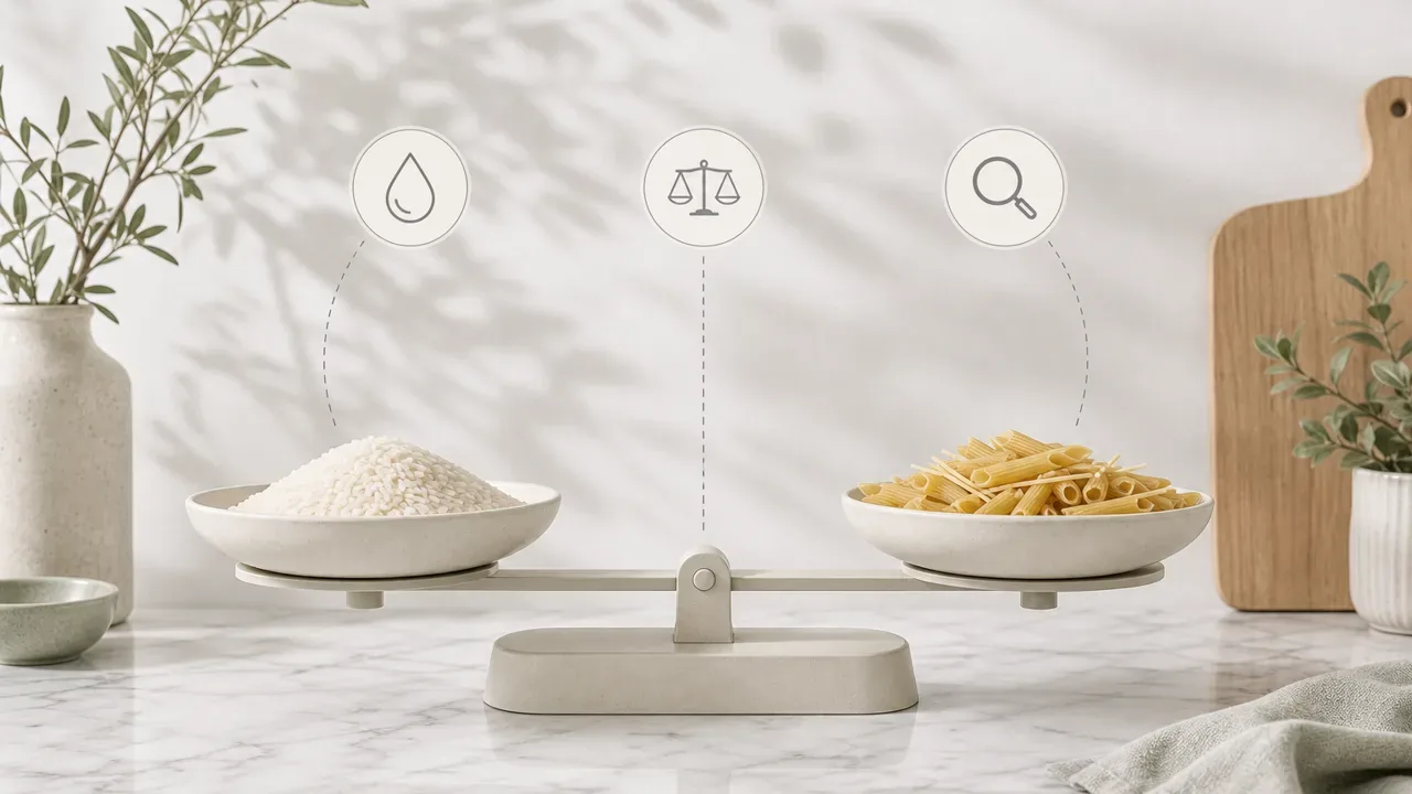 Bilancia in equilibrio tra una ciotola di riso crudo e una di pasta secca, confrontati per 100 g.