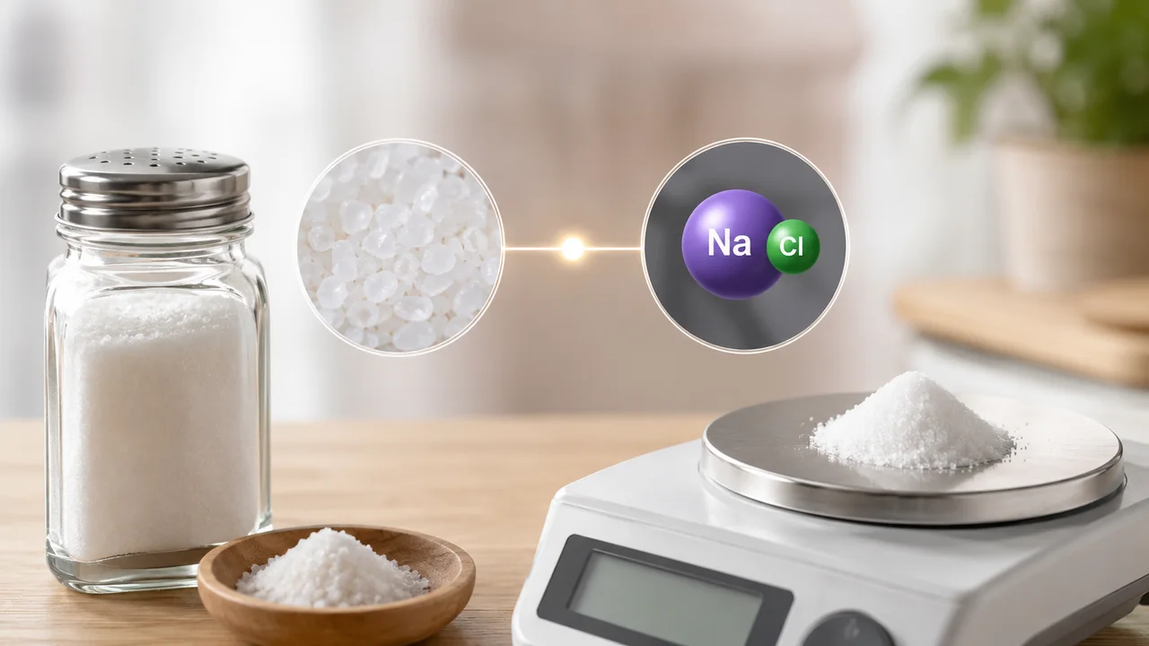 Ein Salzstreuer und eine Schale grobes Salz, eine Vergrösserung der Kristalle verbunden mit einem Molekülmodell von Natriumchlorid, und ein Salzhäufchen auf einer Waage