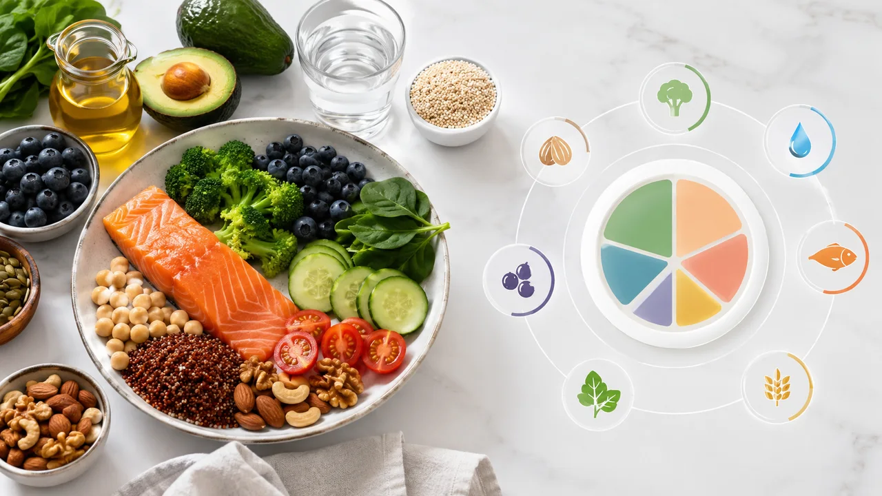 Ein Teller mit Lachs, Broccoli, Kichererbsen, Quinoa und Gemüse, daneben ein in sechs farbige Segmente geteiltes Rad, umgeben von Lebensmittel-Piktogrammen