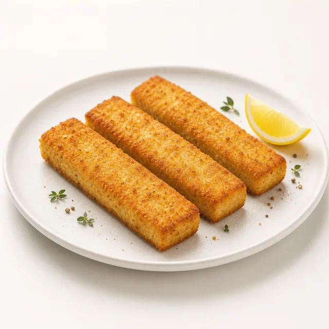 Fish fingers/sticks (breaded and pre deep fried), oven baked (without addition of fat)