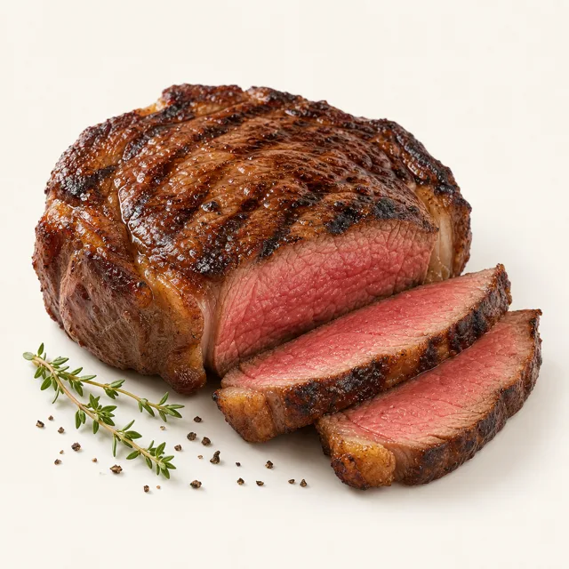 Rind, Entrecôte, "medium" gebraten (ohne Zusatz von Fett und Salz)