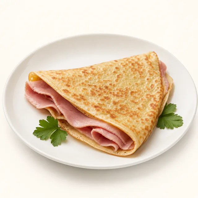 Flour omelette with ham, prepared