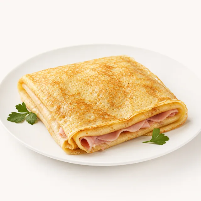 Thin pancakes with ham, prepared