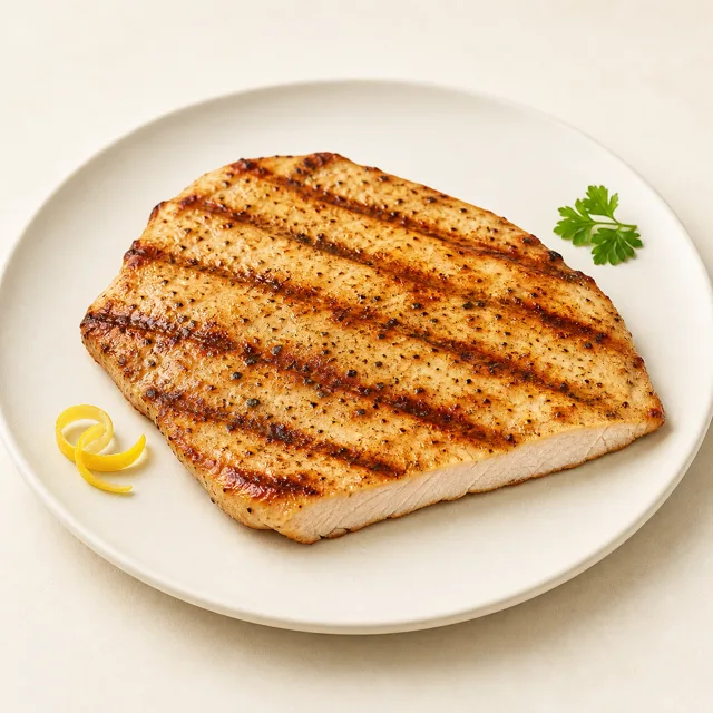 Escalope (average of beef, veal, pork, poultry), pan fried (without addition of fat and salt)