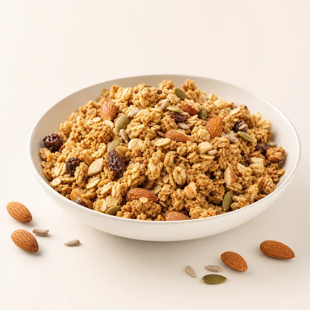 Knuspermüeslimischung mit Nüssen and Samen, gezuckert