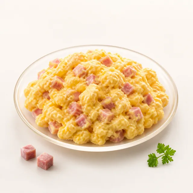 Scrambled eggs with ham, prepared