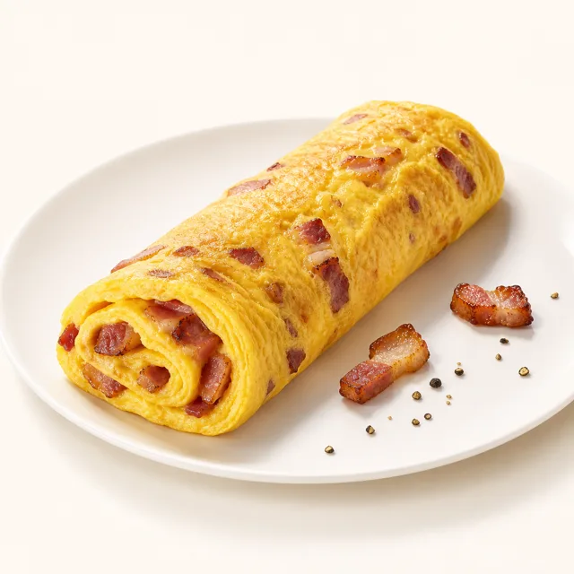 French omelette with bacon, prepared