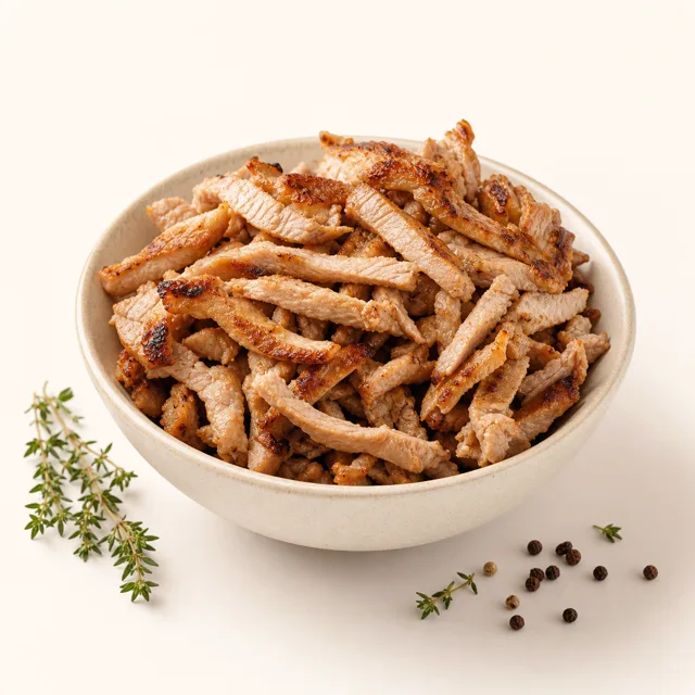 Pork, chopped, pan fried (without addition of fat and salt)