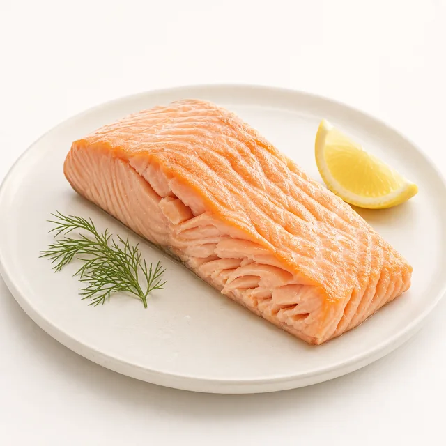 Salmon, cultured, filet, steamed (without addition of fat and salt)